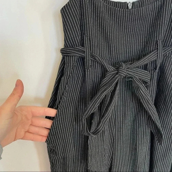 Pin Stripe Belted Cropped Overalls Black White Bow Spaghetti Strap Adjustable - Picture 6 of 11